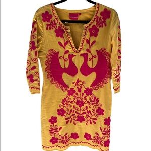 Rebecca Thompson Embroidered Caftan Yellow/Pink Birds Flowers Size 6